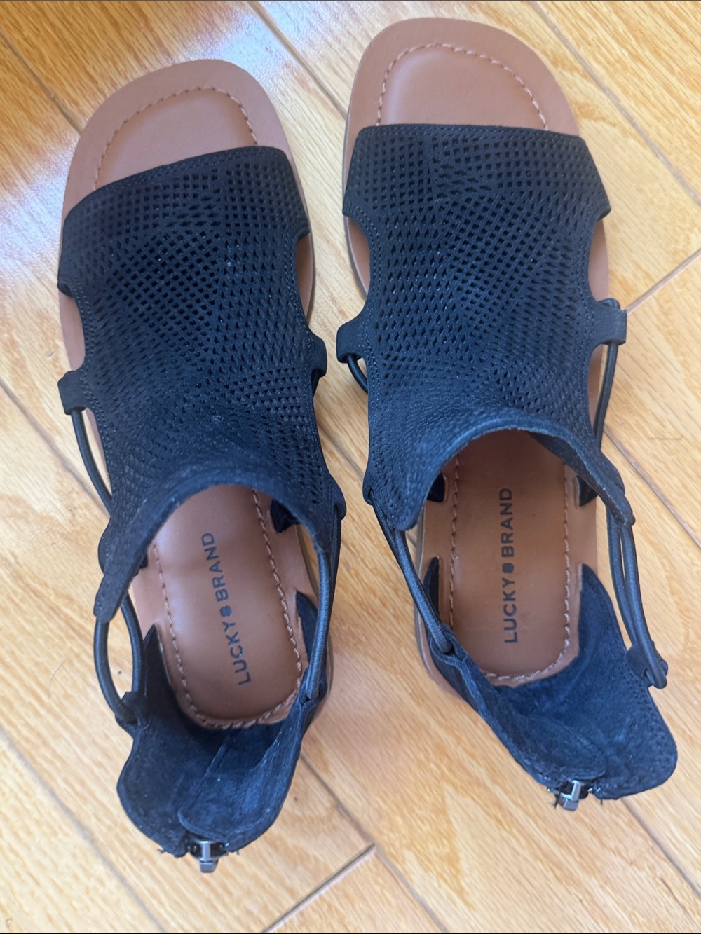 Lucky Brand Black Perforated Slingback Sandals with Tan Footbed